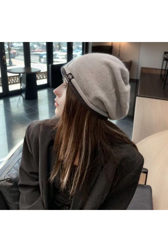 Female Winter Hat Knitted Elastic Thick Warm Soft Cold Resistant No Brim Beanie Baggy Solid Color Lady Cap Black