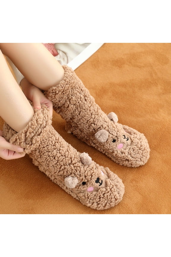 Fuzzy Bear Slipper Socks Thick Plush Cute Animal Socks with Bear Ears Fluffy Winter Anti-Slip Floor Socks for Home Bedroom Living Room