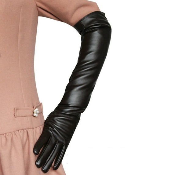 harmtty Gloves Full Finger Windproof Faux Leather Long Arm Gloves for Shopping,Black