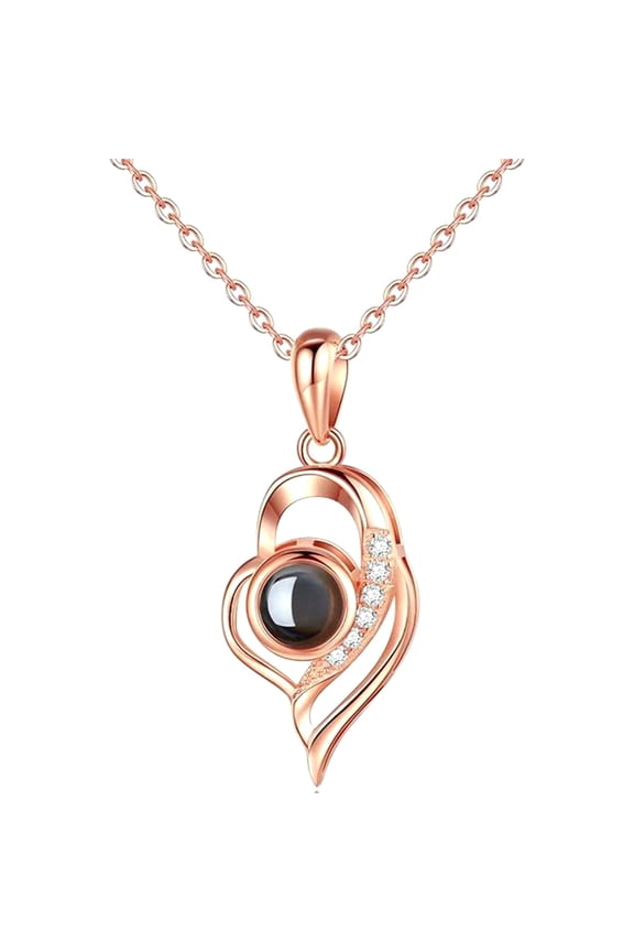 harmtty I Love You in 100 Languages Rhinestone Inlaid Hollow Heart Projection Necklace,Rose Gold