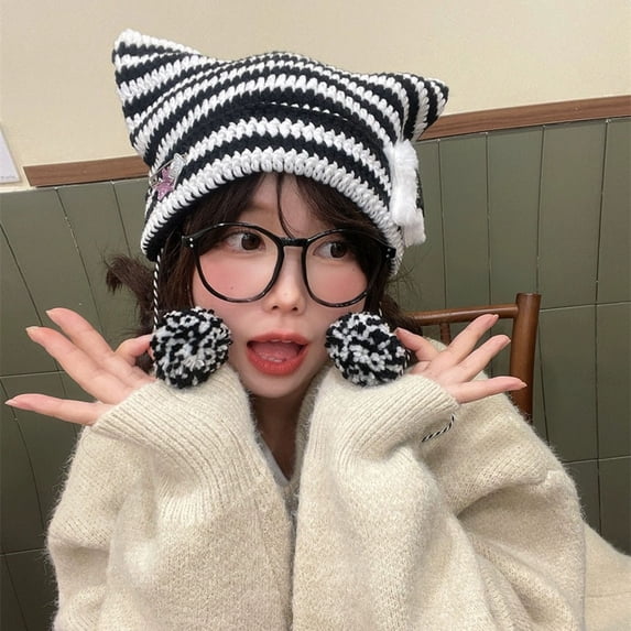 harmtty Japanese Style Cat Ear Beanie Hat Star Striped Print Knitting Hat Autumn Winter Plush Ball Pendant Warm Hat Red