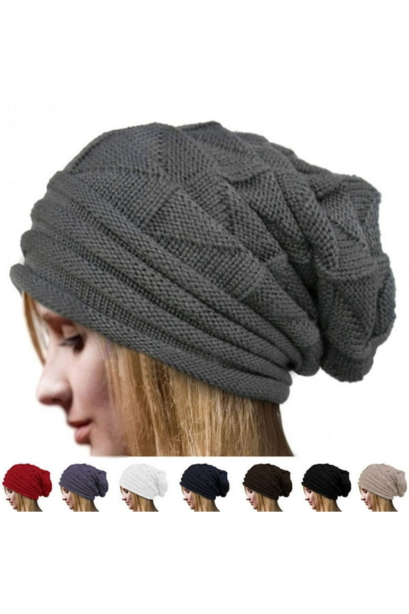 Knitted Hat Pleated Slouchy Baggy Solid Color Stretchy Cold Resistant Woolen Yarn Autumn Winter Women Beanie Skull Cap for Outdoor,Black