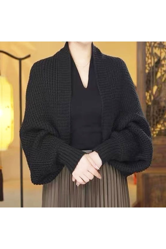Knitted Shawl Autumn Winter Knitting Shawl Ribbed Trim Long Sleeve Open Front Shawl Wrap Solid Color Lightweight Versatile for Warm for Layering Black