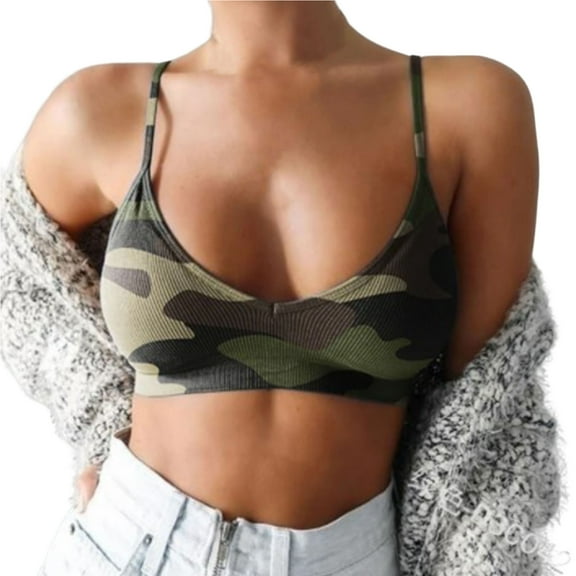 harmtty Lady Brassiere No Wire Wild Support Breast Camouflage Print Pullover Breathable Spaghetti Strap Plus Size Women Sports Bra for Home,Army Green