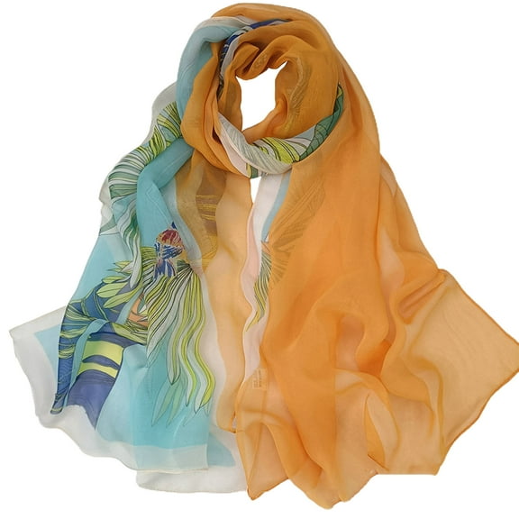 harmtty Lady Scarf Floral Print Sunscreen See-through Ultra-thin Soft Fabric Neck Wrap Accessory,Orange