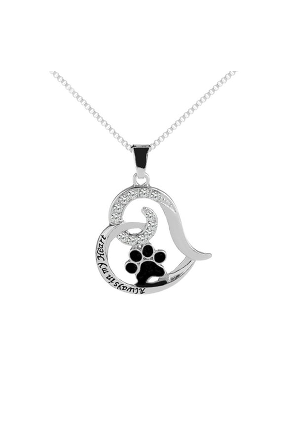 Letters Rhinestone Hollow Heart Dog Paw Pendant Necklace Women Party Jewelry,Silver