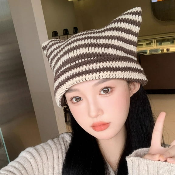 harmtty Little Devil Striped Knitted Hat Japanese Style Streetwear Harajuku Beanie Hat Women Autumn Winter Bonnet Cute Cat Ears Hat for Cold Weather Brown+pink