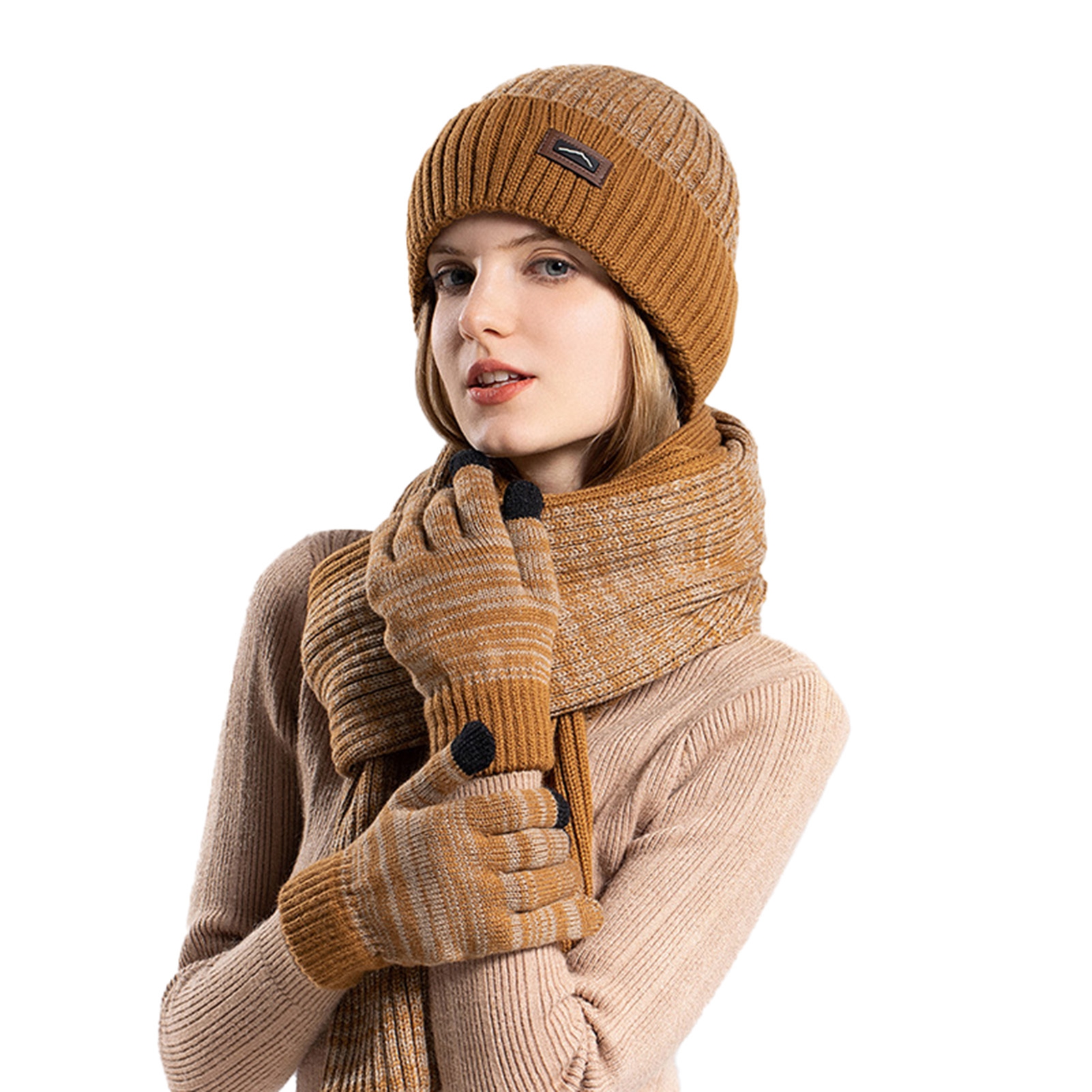 Aneco Winter Knit Scarf, Beanie & Gloves Set - Touchscreen Gloves, Unisex Warm Accessories, Black & White - View #6