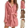 thumbnail image 1 of harmtty Long Sleeve Pockets Waist Lace-up Solid Color Winter Pajamas Winter Warm Hooded Fleece Short Bathrobe,Apricot, 1 of 8