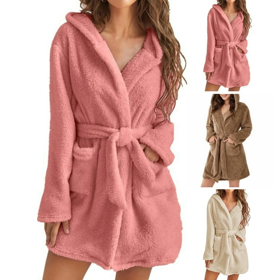 harmtty Long Sleeve Pockets Waist Lace-up Solid Color Winter Pajamas Winter Warm Hooded Fleece Short Bathrobe,Apricot