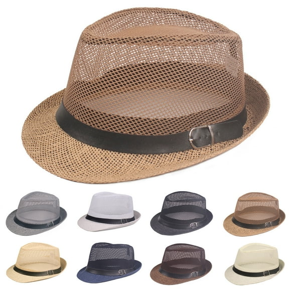 harmtty Men Fedora Wide Brim Mesh Spring Summer Pure Color Low-profile Sunshade Hat for Outdoor,Coffee