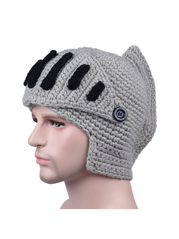 Men Knight Knit Beard Hats Handmade Woolen Yarn Knitwear Windproof Headgear,Grey Adults