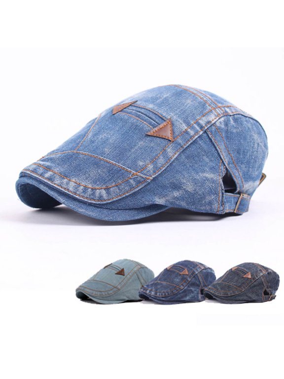 Men Women Vintage Washed Jeans Hat Outdoor Sports Denim Beret Sun Visor Flat Cap,Blue+Black
