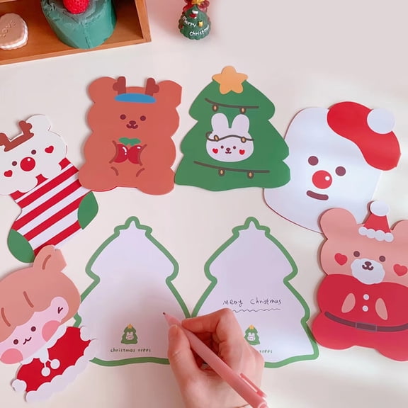 harmtty Merry Christmas Card Cartoon Design Delicate Patterns Fine Workmanship Christmas Elements Folding Decoration Writable Happy Christmas Gift Message Card for Friends