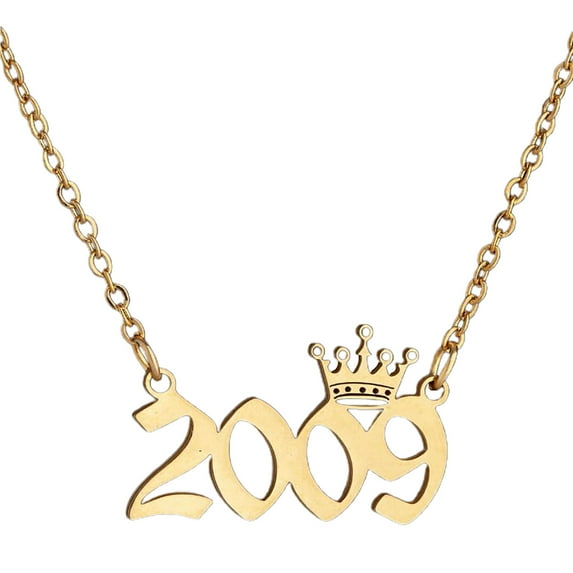 harmtty Number Pendant Year Necklace Crown Stainless Steel Chain Women Necklace Birthday Gift,Golden 2009