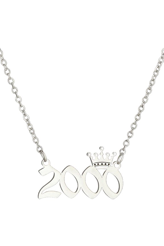 Number Pendant Year Necklace Crown Stainless Steel Chain Women Necklace Birthday Gift,Silver 2000