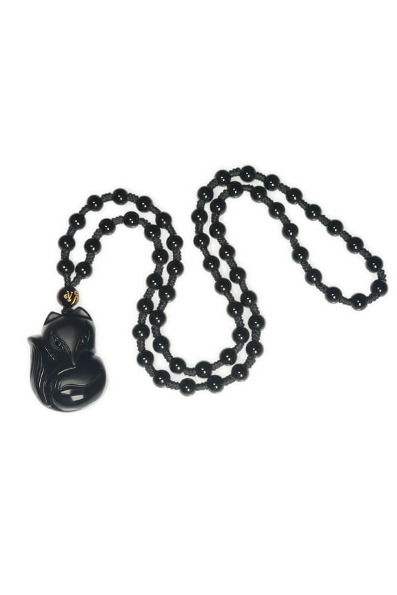 Obsidian Carving Fox Amulet Pendant Bead Chain Necklace Unisex Jewelry Gift,Black