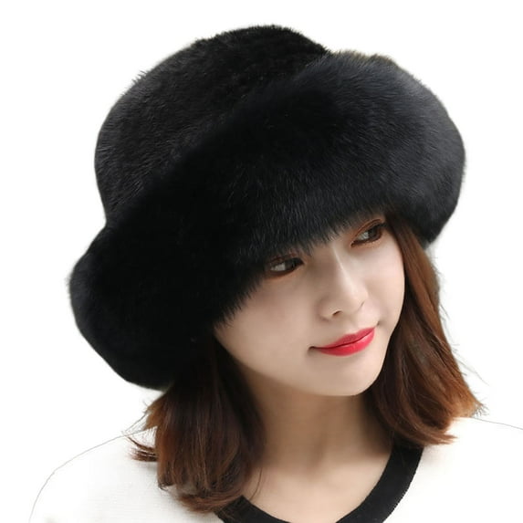 harmtty Plush Brim Warm Fisherman Cap Solid Soft Thickened Faux Mink Fur Basin Hat for Daily Life,Black