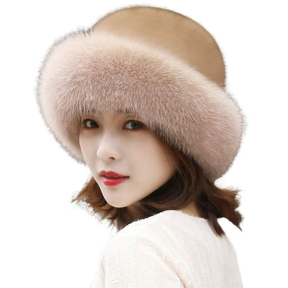 harmtty Plush Brim Warm Fisherman Cap Solid Soft Thickened Faux Mink Fur Basin Hat for Daily Life,Light Khaki