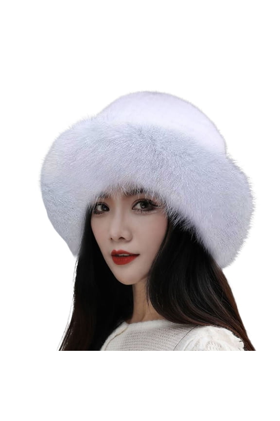 Plush Brim Warm Fisherman Cap Solid Soft Thickened Faux Mink Fur Basin Hat for Daily Life,Silver White