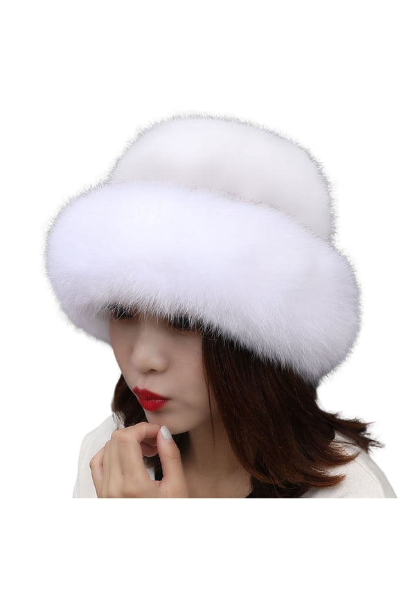 Plush Brim Warm Fisherman Cap Solid Soft Thickened Faux Mink Fur Basin Hat for Daily Life,White