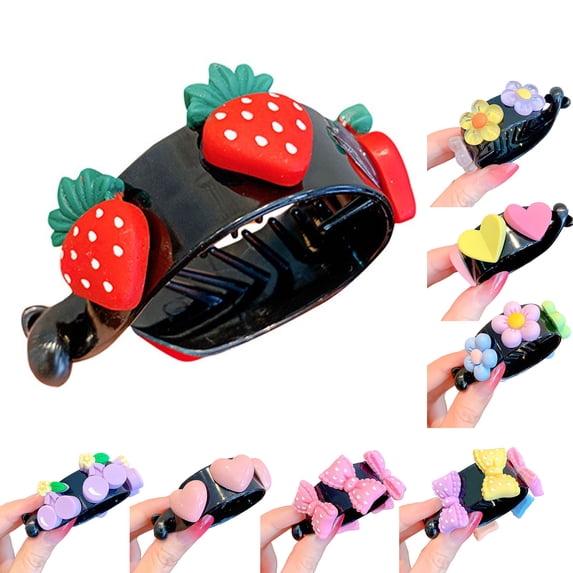 harmtty Ponytail Hair Clip Sweet Cartoon Cute Strong Grip Non-slip Hair Accessories Headwear Strawberry Love Heart Bowknot Hair Bun Clip for Children,E
