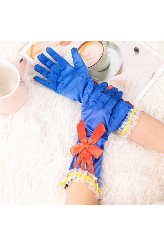 Princess Cosplay Gloves Royal Blue Satin Gloves with Ruffles And Red Bow Girls Cosplay Gloves for Costume Parties Stage Performances