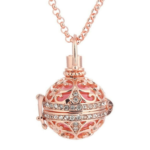 harmtty Retro Lady Floral Carved CZ Chime Bell Harmony Ball Locket Angel Caller Necklace,Rose Golden