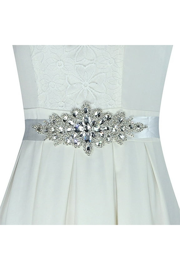 Rhinestone Bridal Sash Waist Belt with White Satin Ribbon for Wedding Dress