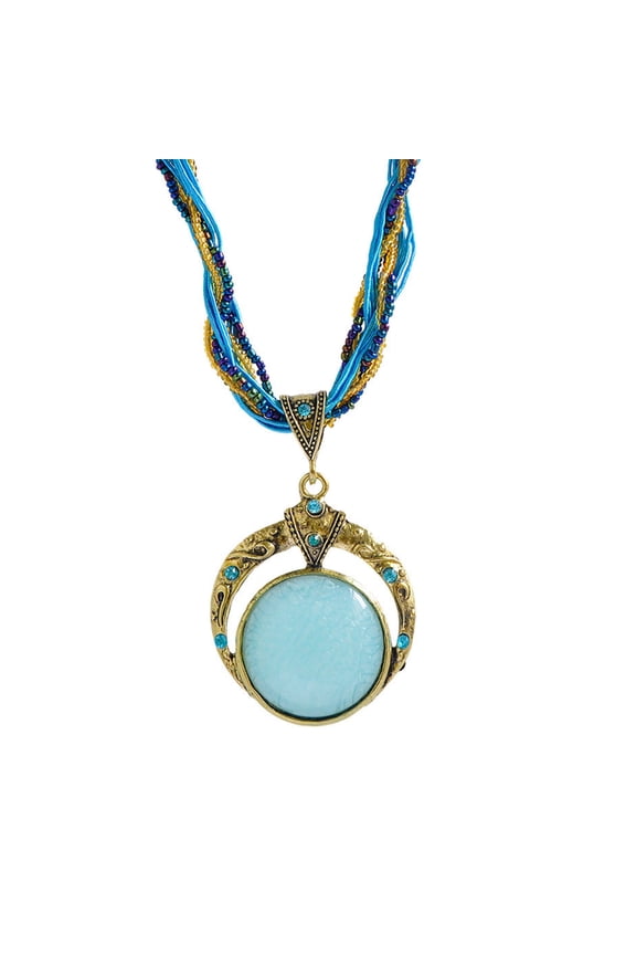 Round Carved Bohemian Vintage Necklace Beads Chain Pendant Necklace,Blue