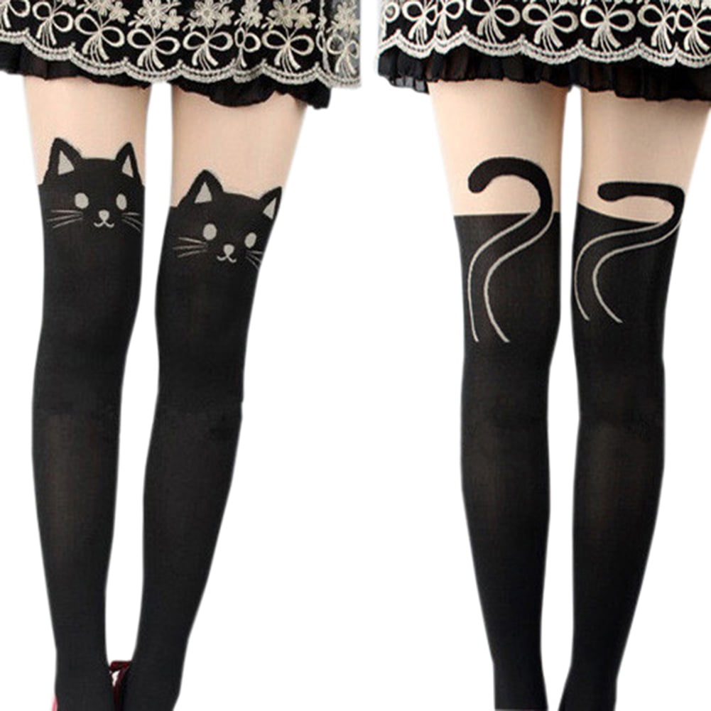 harmtty Sexy Cute Black Tattoo Long Socks Sheer Cartoon Cat