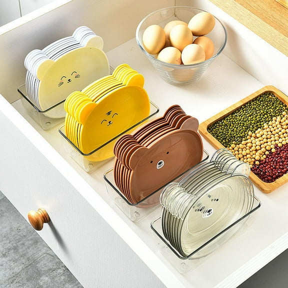 harmtty Snack Plate Cute Bear Pattern Easy to Clean Stackable Round Edges Multipurpose Plastic Space Saving Fruit Dish Kitchen Tableware,Yellow