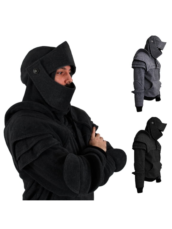 Solid Color Front Pocket Pullover Hoodie Medieval Style Face Cover Hooded Men Sweatshirt Halloween Clothing,Black
