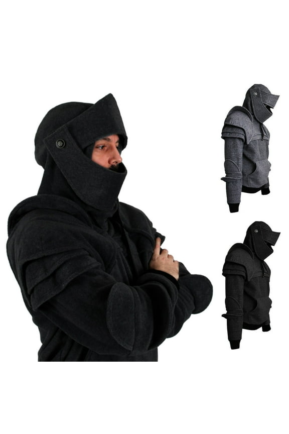 Solid Color Front Pocket Pullover Hoodie Medieval Style Face Cover Hooded Men Sweatshirt Halloween Clothing,Grey