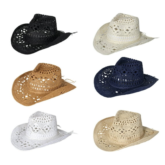 harmtty Straw Hat Ventilated Hollow Round Collapsible Western Cowboy Beach Hat Photo Props,Warm White