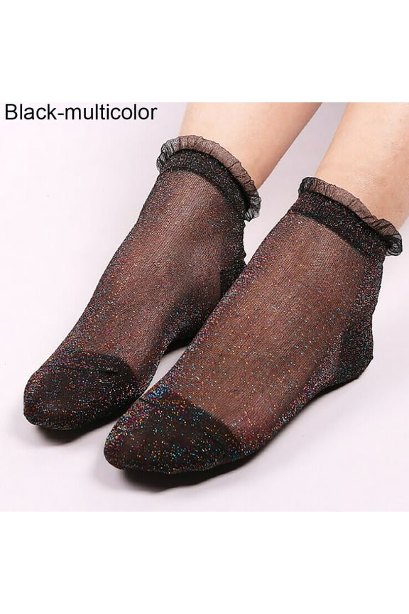 Summer Spring AutumnWomen Ladies Sheer Silky Glitter Transparent Lace Ankle Socks Gift,Black-multicolor
