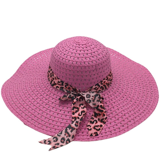harmtty Sunscreen Braided Foldable Straw Hat Leopard Bowknot Decor Wide Brim Women Beach Hat Fashion Accessories