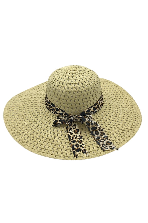 Sunscreen Braided Foldable Straw Hat Leopard Bowknot Decor Wide Brim Women Beach Hat Fashion Accessories