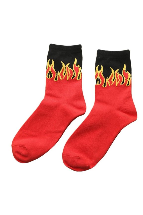 Tube Socks Long Section Flame Print Cotton Winter Funny Cotton Ladies Socks for Winter,Red