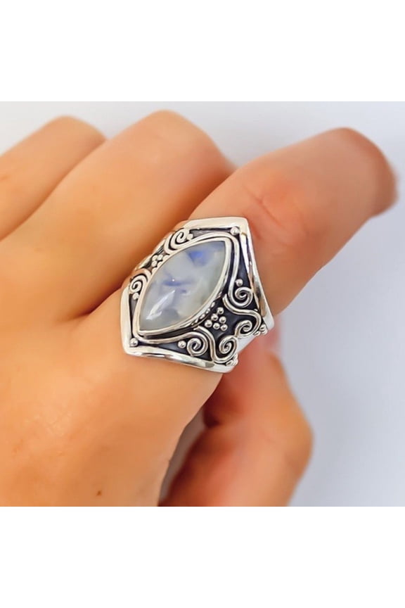 Unique Pattern Punk Retro Ring Good-looking Vintage Big Oval Faux Moonstone Ring Jewelry