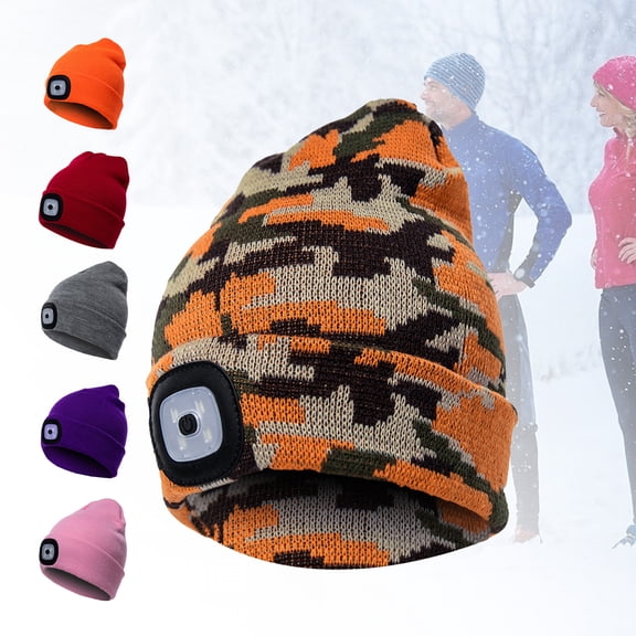 harmtty Unisex Winter LED Light Luminous Warm Knitted Hat Outdoor Camping Head Lamp Cap,Orange