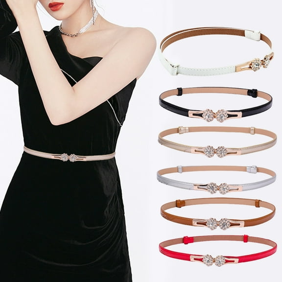 harmtty Waist Belt Fitted Simple Exquisite Workmanship Lightweight Convenient Decorate Faux Leather Smooth Surface Shiny Rhinestone Waist Strap for Daily Wear,White