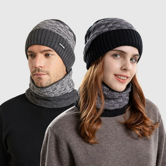 harmtty Warm 2 Pcs/Set Winter Cap Scarf Set Elastic Knitting Contrast Color Soft Thick Cold-proof Windproof Unisex Autumn Hat Scarf Set for Daily Wear Black