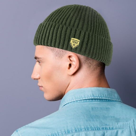 harmtty Warm Autumn Winter Solid Color Knitting Hat Women Men Logo Print Brimless Beanie Hat Casual Short Ribbed Couple Hat Navy Blue