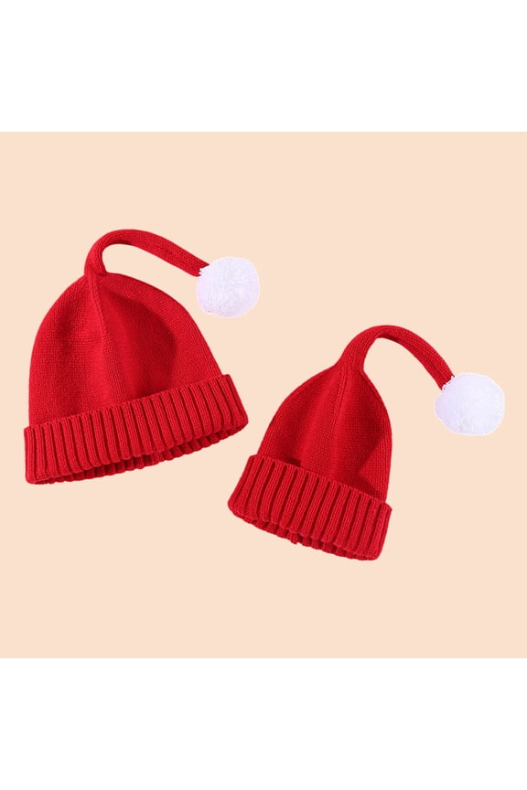 Warm Children Santa Hat Plush Ball Decor High Elasticity Anti-slip Warm Cold Resistant Knitted Unisex Baby Girls Baby Boys Parent-child Winter Cap Adult