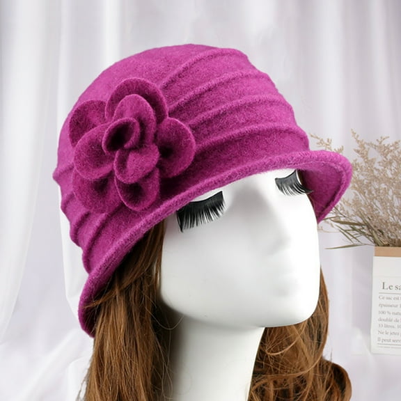 harmtty Warm Flower Decor Wide Brim Round Dome Woolen Hat Middle Aged Ladies Elegant Bucket Hat Pink