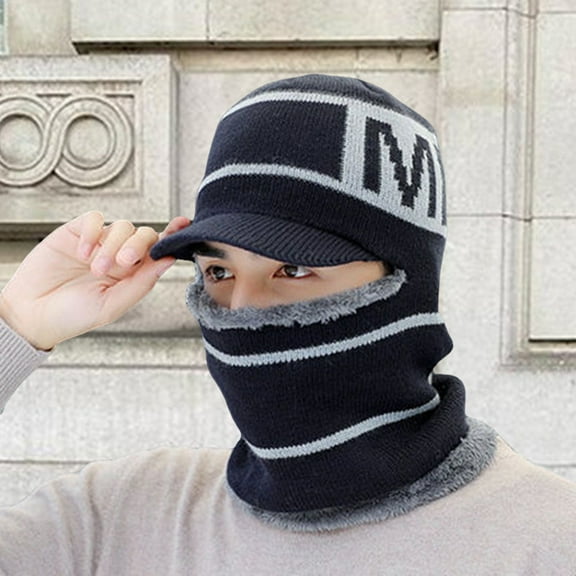 harmtty Warm Men Hat Scarf Knitted One piece Design Fleece Letter Printing Thick Cold proof Anti shrink Ear Cycling Scarf Hat Skiing Supplies Black