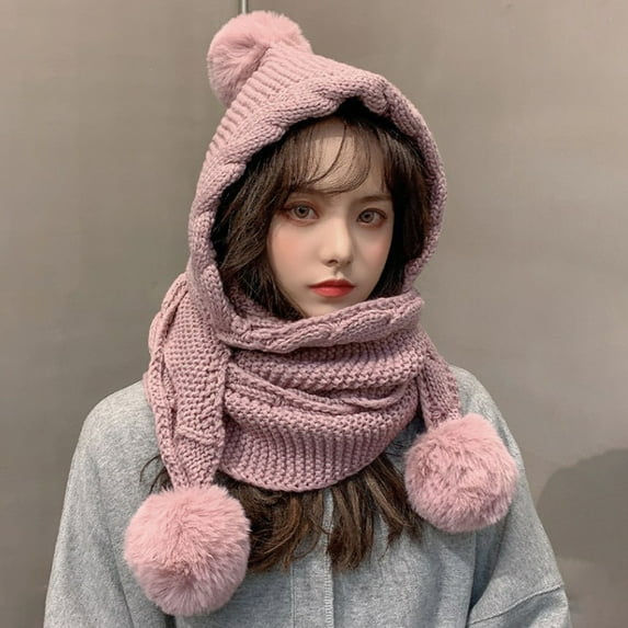 harmtty Warm Twist Trim Ear Solid Color Thickened Knitted Scarf Hat Women Winter Plush Balls Decor Hooded Scarf Costume Accessories Pink