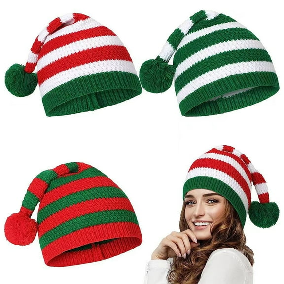 harmtty Warm Winter Santa Hat Knitted Striped Print Color Matching Plush Ball High Elasticity Anti slip Unisex Ear Cold Resistant Christmas Cap Beanie Kid Green