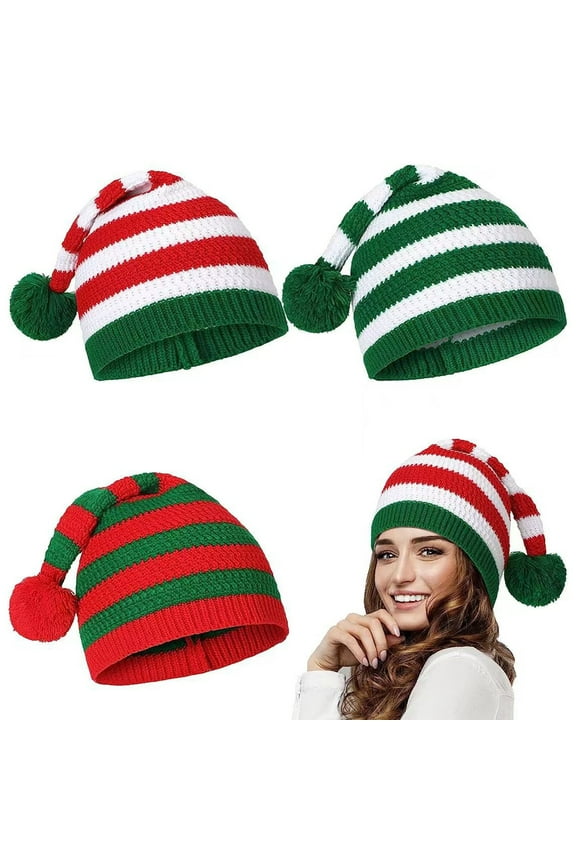 Warm Winter Santa Hat Knitted Striped Print Color Matching Plush Ball High Elasticity Anti slip Unisex Ear Cold Resistant Christmas Cap Beanie Kid Green